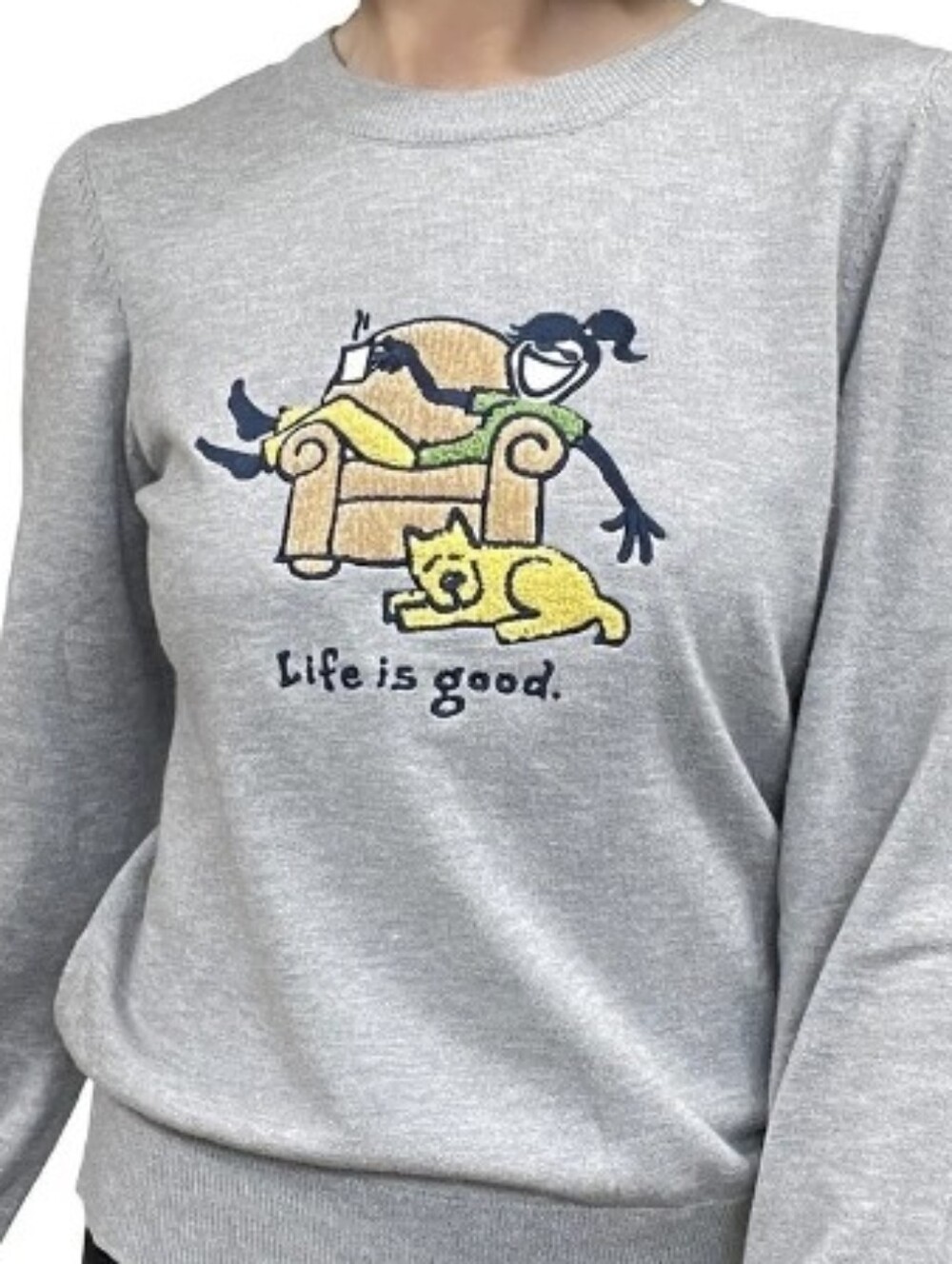 Life Is Good Gray Sweatshirt with Yellow Dog & Navy Accents